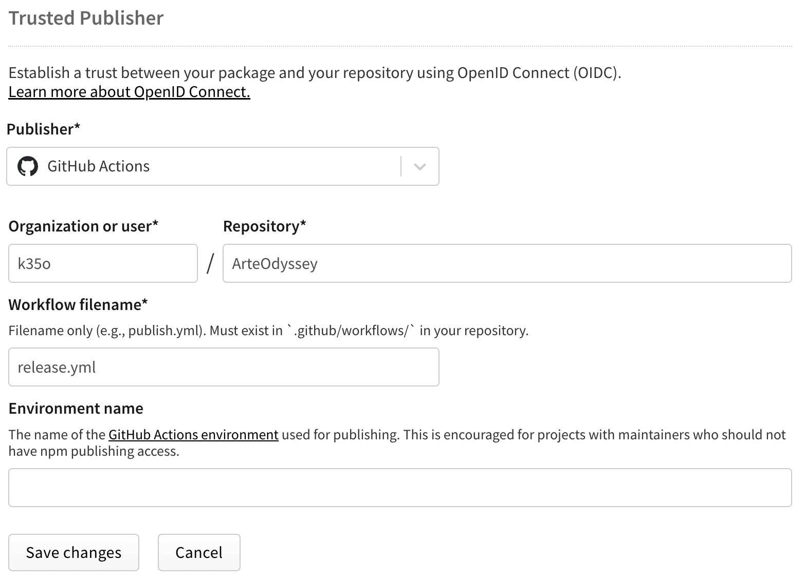 Trusted Publisherの設定画面、Organization or userにk35o、RepositoryにArteOdyssey、Workflow filenameにrelease.ymlを記述している